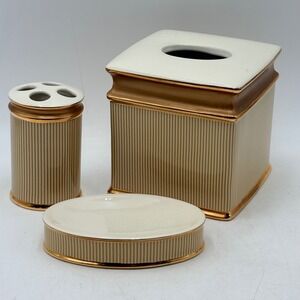 Veratex Fortuny 3pc‎ Bathroom Set Tissue Cover Toothbrush Holder Soap Dish Gold